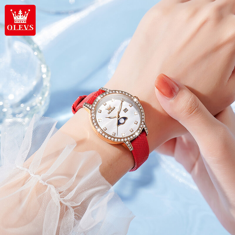 OLEVS jam tangan wanita, arloji Quartz kulit mewah merek terkenal, tahan air dengan Dial kecil kalendar