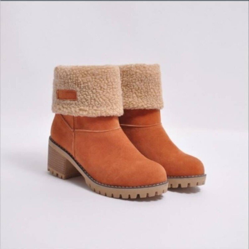 Sepatu bot pendek wanita, Kasut tinggi tumit rendah hangat salju musim dingin 2024