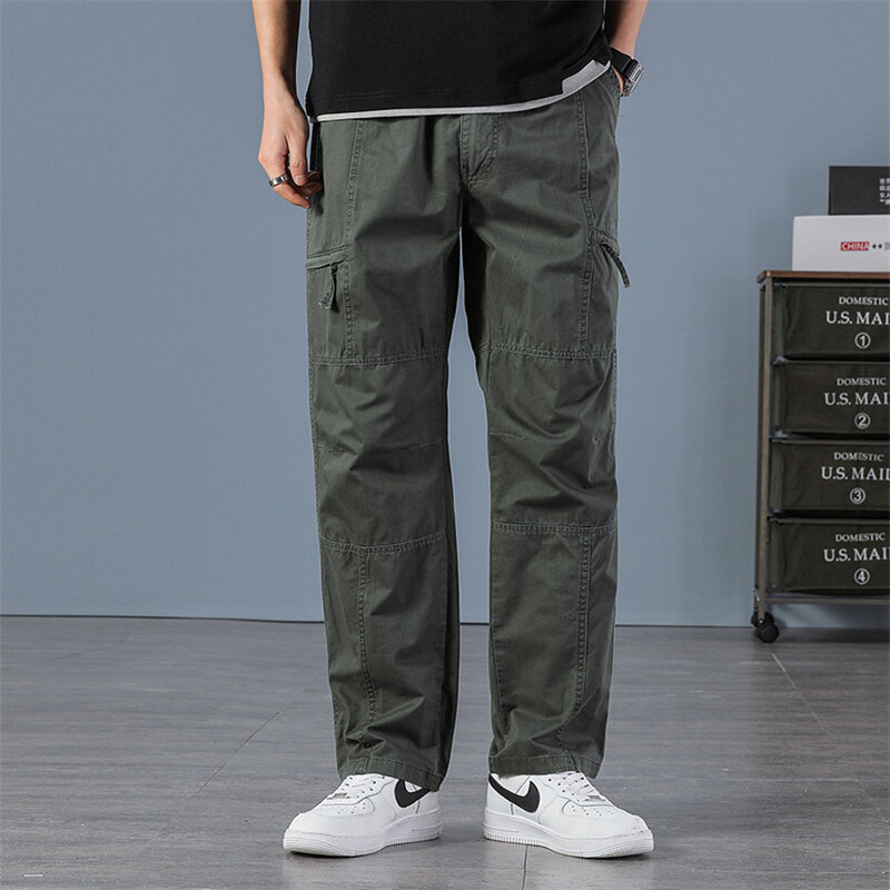 Брюки-карго мужские с несколькими карманами, повседневные уличные прямые свободные штаны с эластичным поясом