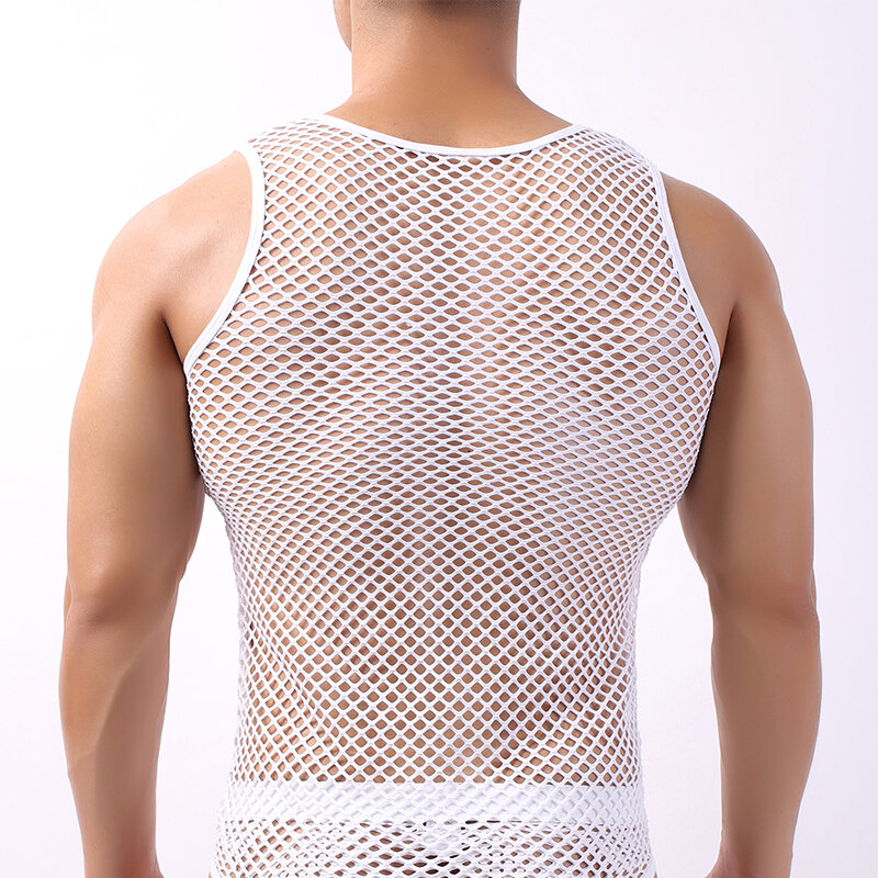 เซ็กซี่Fishnet Mens Undershirtsชุดนอนตาข่ายโปร่งใสถังTops Camisetaเสื้อแขนกุดฟิตเนสลื่นHomme Tops Tee