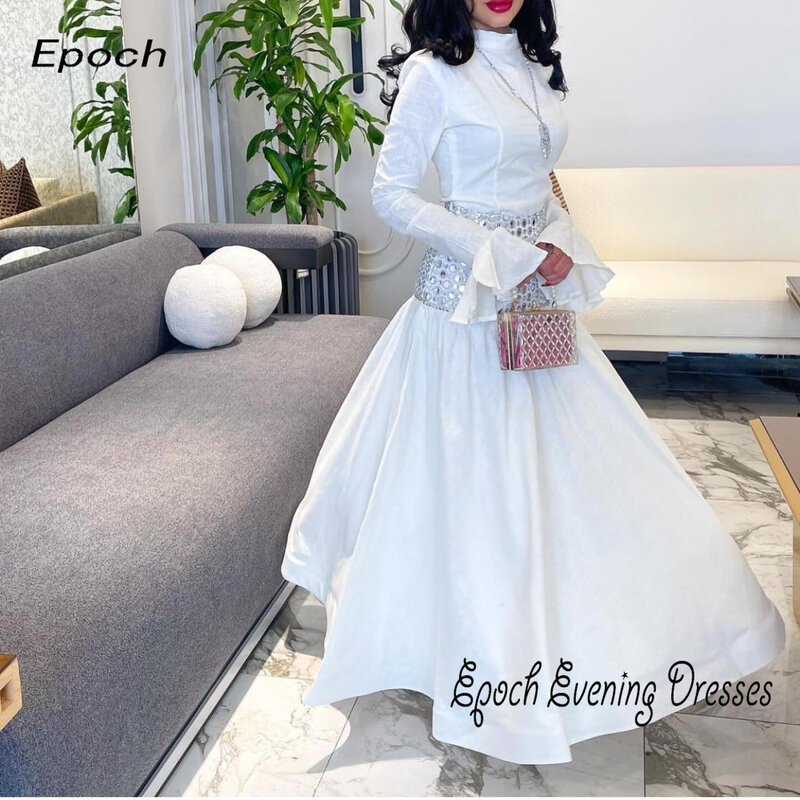 Long Evening Dress For Sexy Women 2024 فساتين السهرة  Elegant A-Line O-Neck Luxury Crystal White Cocktail Party Prom Gown