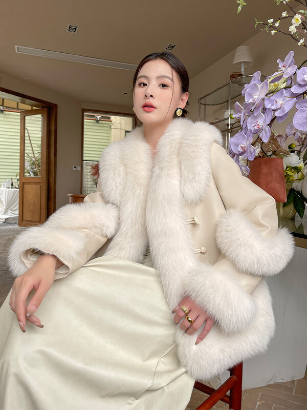 Fashion Fox Fur Stitching Sheep Skin Coat Female 2023 Fall Winter Retro Style V-neck Long Sleeve Leather Furry Jacket Women