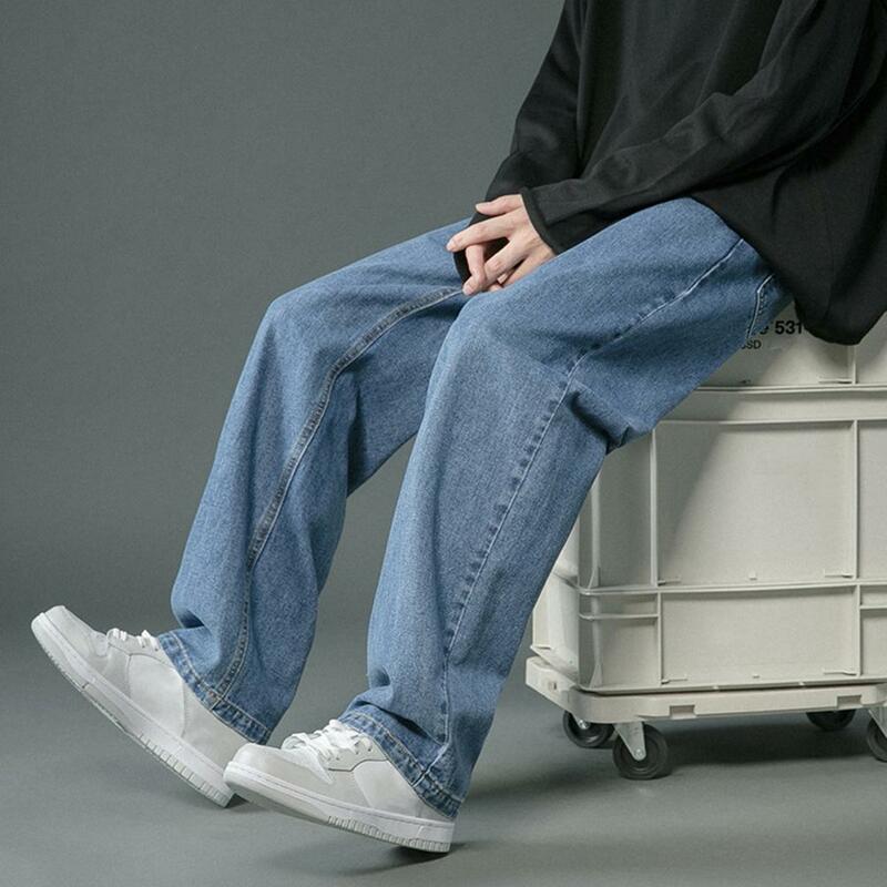 Jeans masculino clássico de perna reta com bolsos, calça jeans de perna larga, estilo hip-hop, lavada para primavera