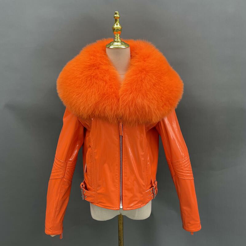 Janfur-女性のためのキツネの毛皮の襟付きの光沢のある革のジャケット,Puレザーのコート
