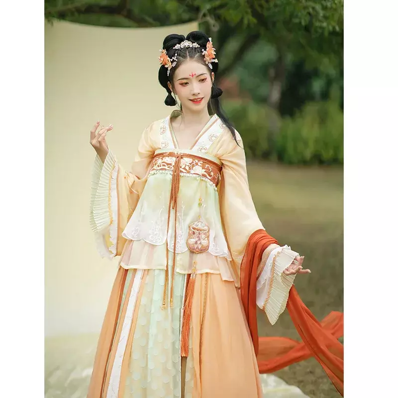 HanshanghuaLian Jin Dynasty Sweet Cosplay Party Costume 2022 Autumn Improved Orange Embroidered Hanfu Dresses Set 4PCS For Women