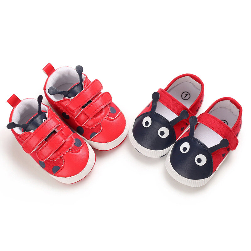 아기 신발, 0-18M, 봄/가을용, PU, 신생아, 귀여운 만화, 빨간 무당 벌레 신발, 남아용 부드러운 바닥 신발, 첫 번째 워커