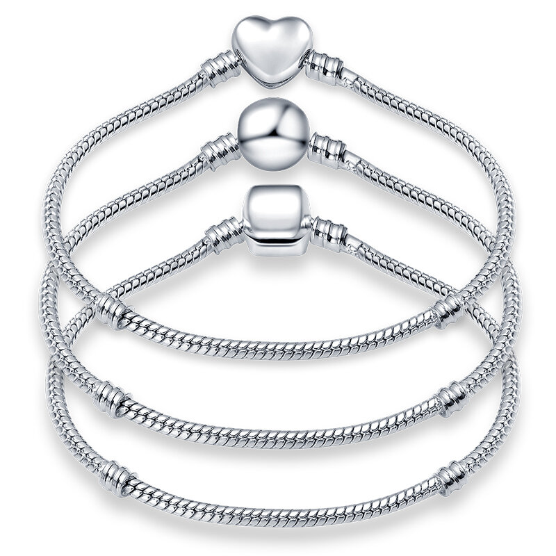 Bracelet en argent plaqué 6.69-8.26 '', mode amour perle ronde serpent chaîne Bracelet Fit Original bricolage breloques perle fabrication de bijoux fins