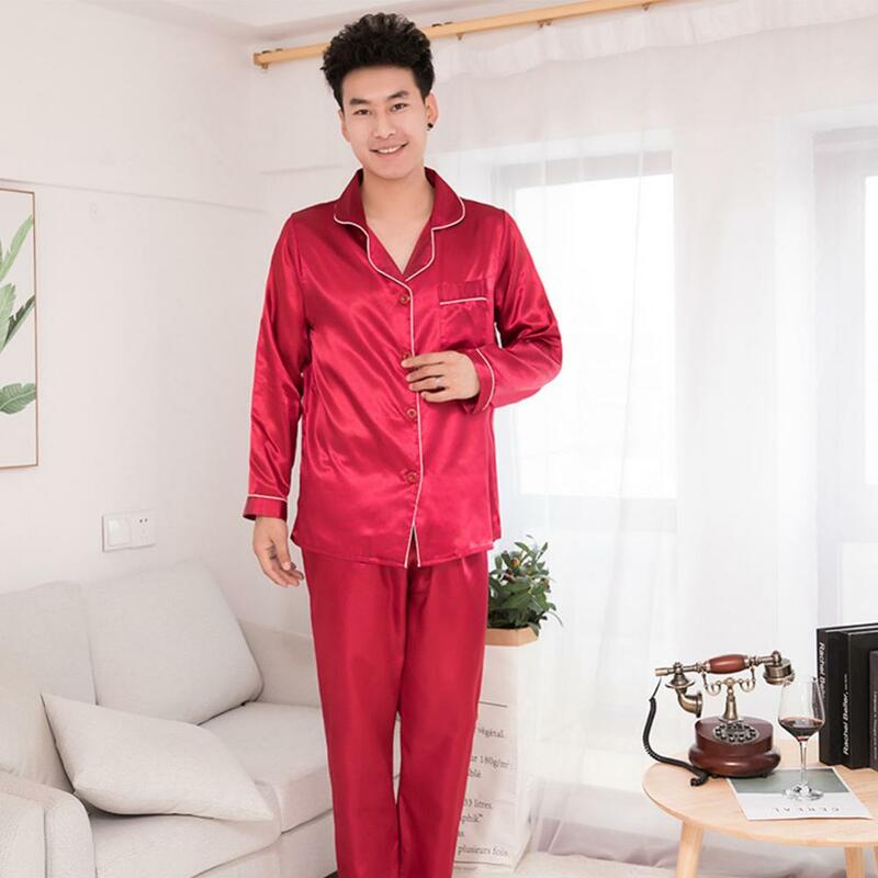 Conjunto de pijamas de satén de seda para hombre, ropa de dormir de moda, traje de manga larga de Color sólido para pareja