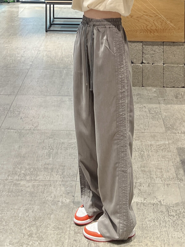 กางเกงขาบานเข้ารูปเอวสูงกางเกงหลวมลำลองผู้หญิงกางเกงผู้ชายขาสามส่วนลายทางย้อนยุคสไตล์เกาหลี