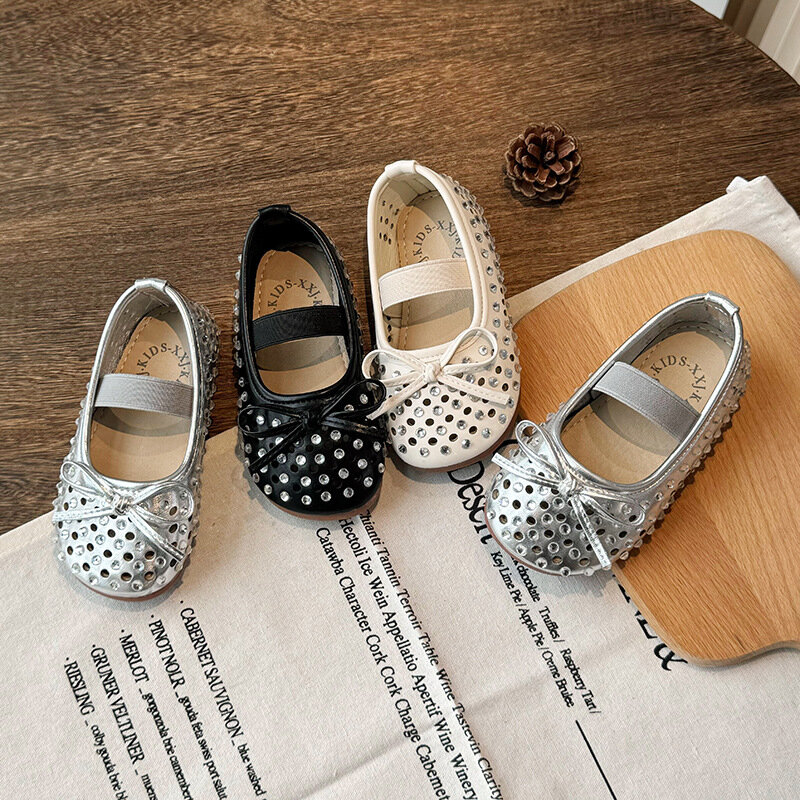 2024 Summer New Children Sandals for Girls Cut-outs with Rhinestone Bowtie Fashion Breathable Soft Sole Princess Leather Shoes