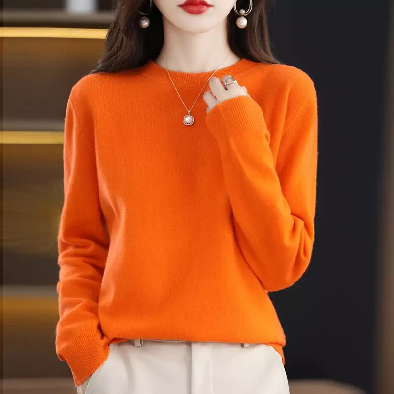 Suéter de caxemira 100% lã pura feminino, pulôver com gola O, blusa de malha casual, casaco de outono e inverno na moda coreana