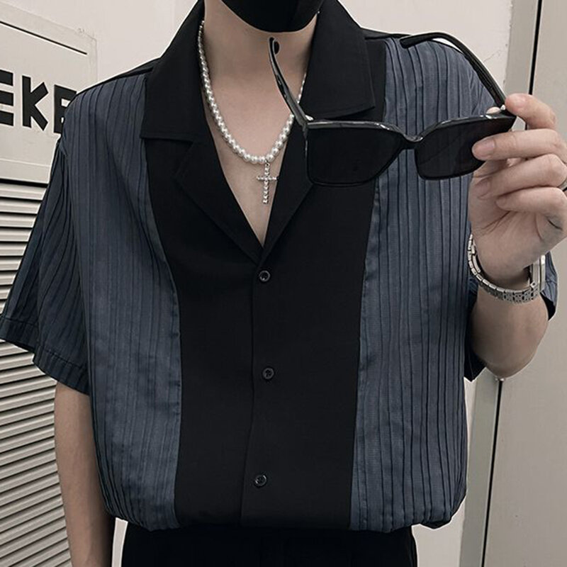 Camisas coreanas sueltas empalmadas con botones y solapa para hombre, ropa informal de manga corta que combina con todo, verano, 2024