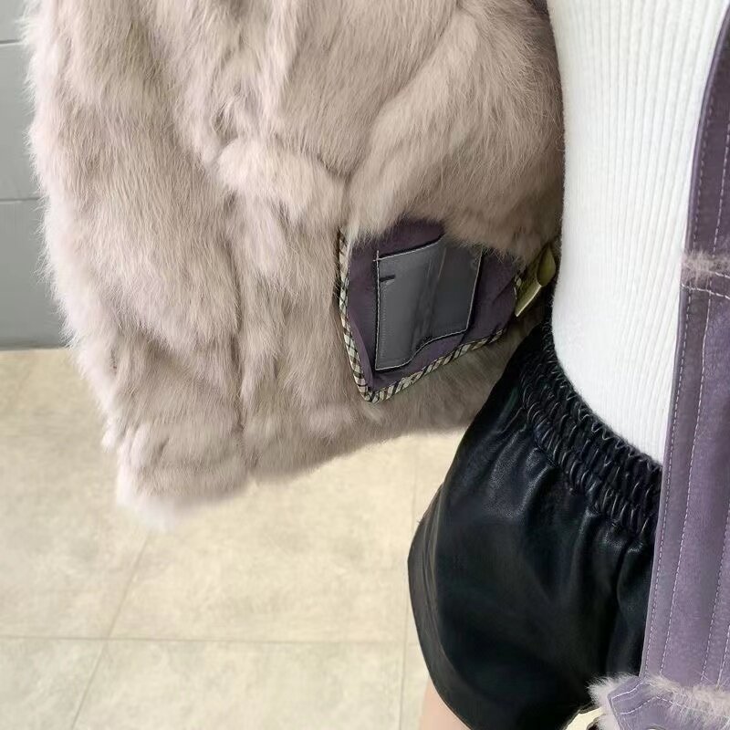 Manteau court doublé de poils de lapin naturel pour femme, col en peau de mouton, manteau en cuir chaud, mode de luxe, hiver 2023