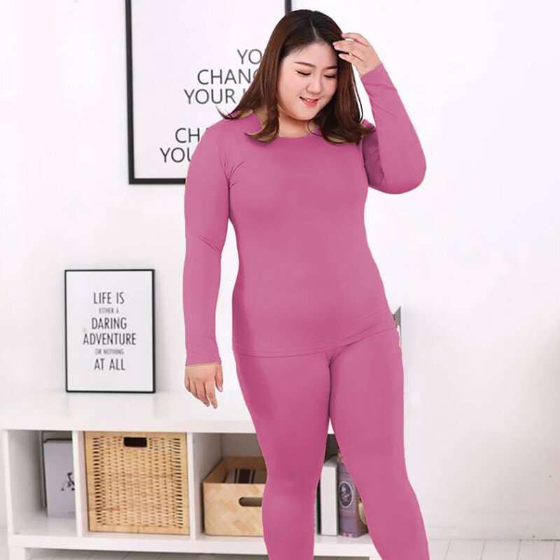 Women's Plus Size Warm Lingerie Set Solid Color O Neck Long Sleeve Thermal Underwear Autumn Winter Homewear Suits Clothes 5XL