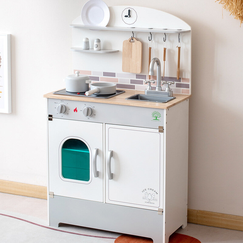 Деревянная белая газовая плита в холодильнике для кухни, Детская имитация для приготовления пищи, интерактивные игрушки для родителей и детей