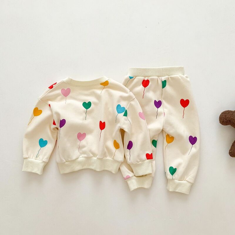 VISgKnitting-Ensemble sweat-shirt et survêtement pour bébé fille et garçon, vêtements pour bébé, impression d'amour, style coréen, printemps, automne, 2 pièces