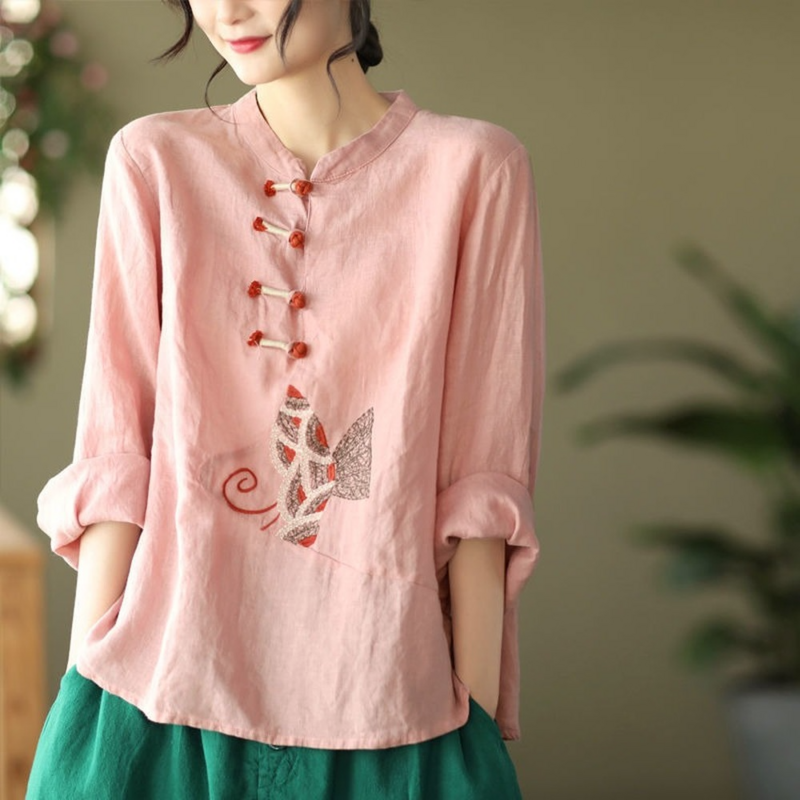 2023 Chinese Stijl Overhemd Plus Size 3XL Traditionele Kleding Voor Vrouwen Linnen Borduren Tops Vrouwelijke Retro Losse Hanfu Blouse