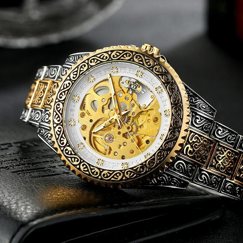 Forsining Männer Mechanische Armbanduhren Automatische Männlichen Armband Homme Mann Luxus Vintage Diamant Skeleton Uhr Für männer Geschenk