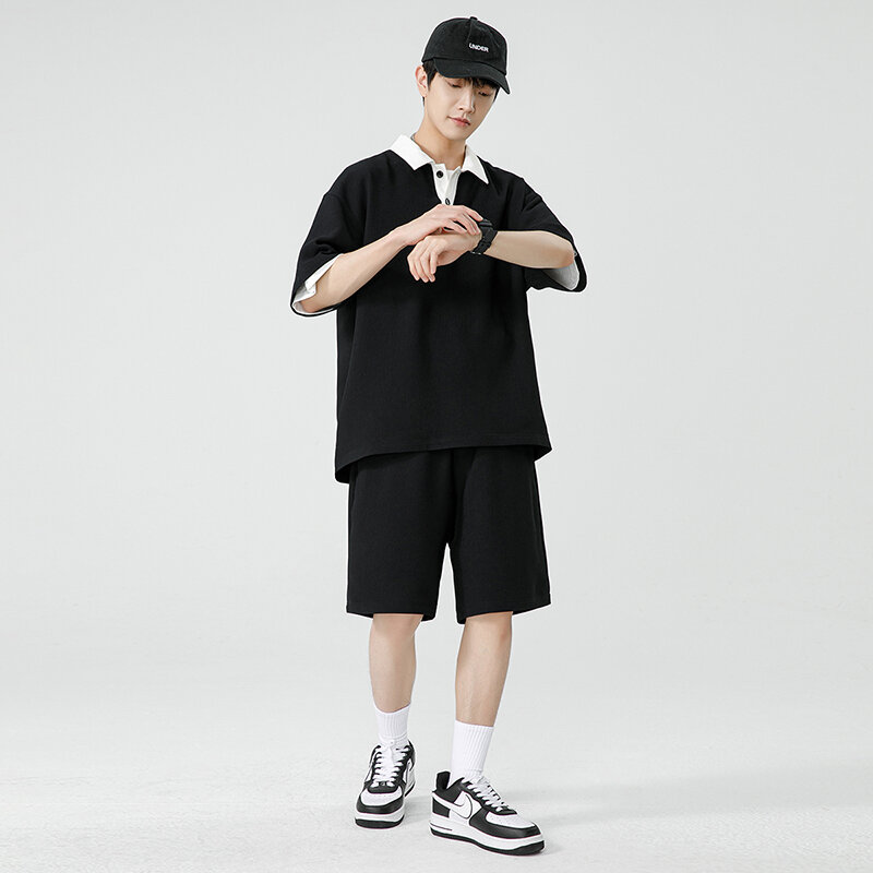 Setelan pakaian kasual Jepang pria, 2024 kaos kerah kontras warna + celana musim panas tembus udara