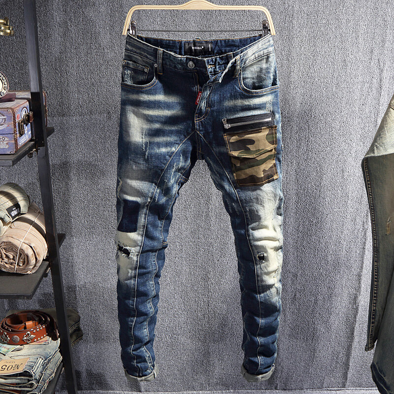 Moda uliczna projektant mężczyźni dżinsy niebieskie w stylu Retro rozciągliwe dopasowanie porwane jeansy mężczyźni kamuflaż kieszeń Hip Hop Denim spodnie motocyklowe Hombre