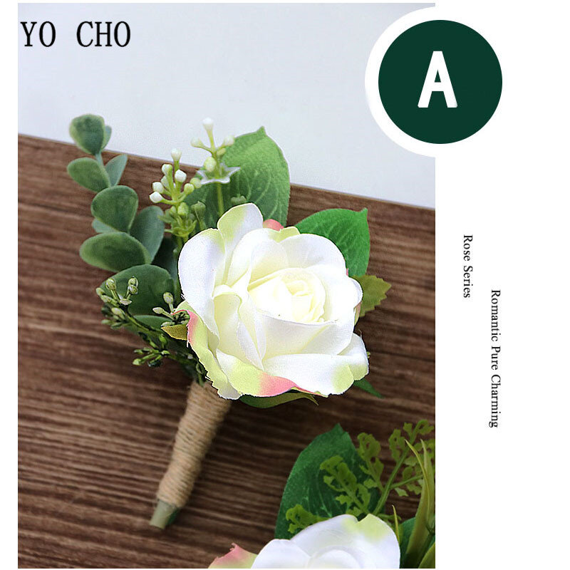 YO CHO สีขาวผ้าไหมกุหลาบ Corsages Boutonnieres งานแต่งงานตกแต่งแต่งงาน Rose นาฬิกาข้อมือ Corsage PIN Boutonniere ดอกไม้สำหรับผู้เข้าพัก