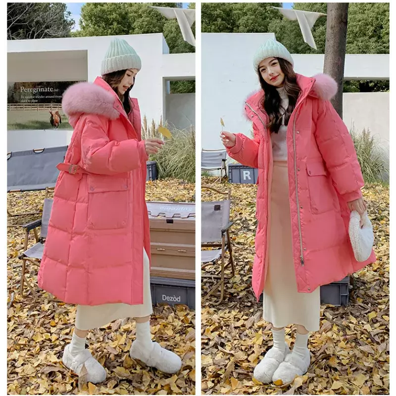 Women Macaron Color Hooded Down Jacket Fox Fur Collar Loose Green Long Thickened White Duck Overcoat Widened 6XL Oversized Coats