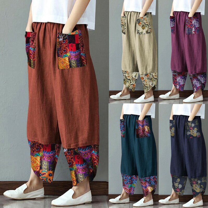 Pantalon décontracté à taille élastique pour femme, patchwork irrégulier, coton, large, droit, imprimé adt, mode vintage, été, 2023