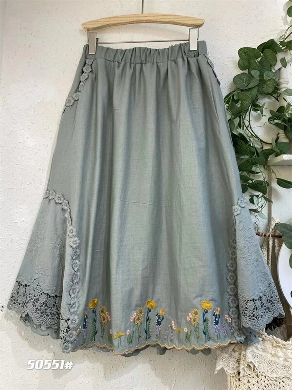 Vestido de encaje bordado de estilo pastoral Mori para mujer, media falda de alta calidad, Moda de Primavera y verano, 2024