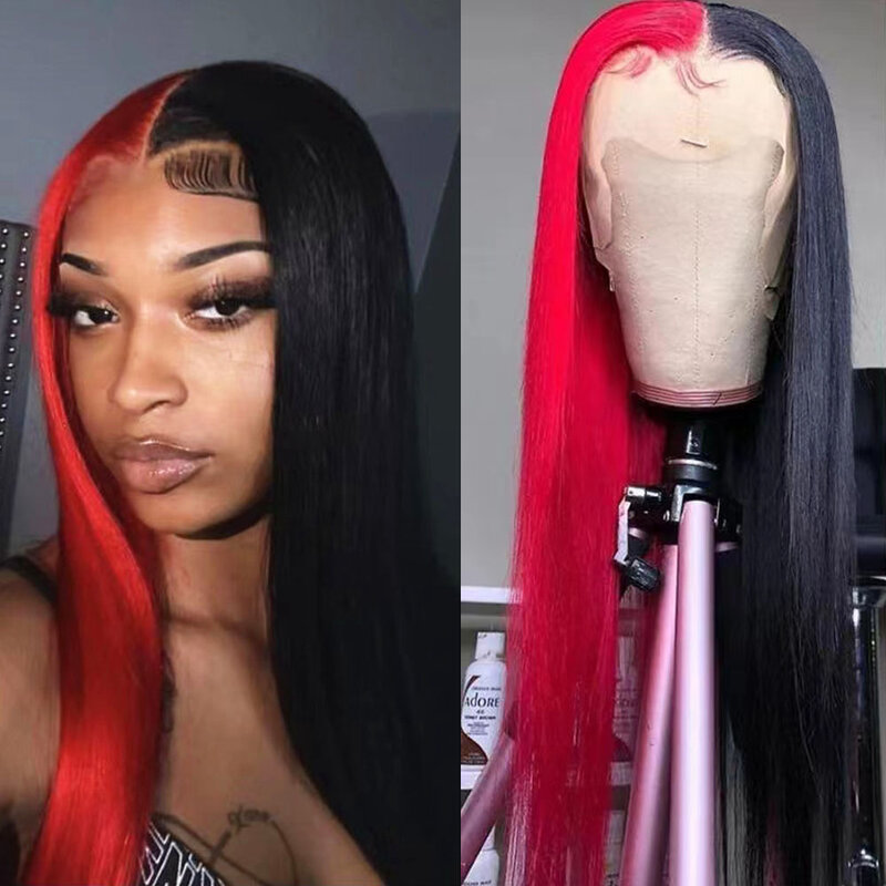 WIF Long Straight Black Red Synthetic Lace Front Wig Women Cosplay Half-Black Half-Red Hair High Temperature Fiber Makeup Wigs