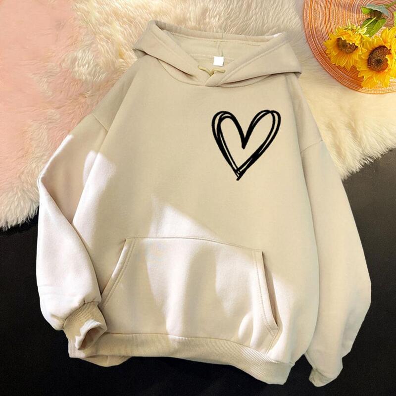 Comfortable Women Hoodie Heart Print Pullover Sweatshirt Cozy Hooded Stand Collar with Long Sleeve Pocket Streetwear for Women