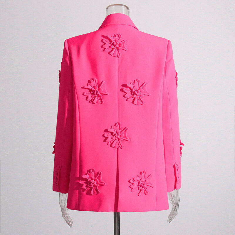 2023 primavera tridimensionale fiore bavero giacca di media lunghezza vestito rosa doppiopetto Top + pantaloni tuta tuta di moda firmata
