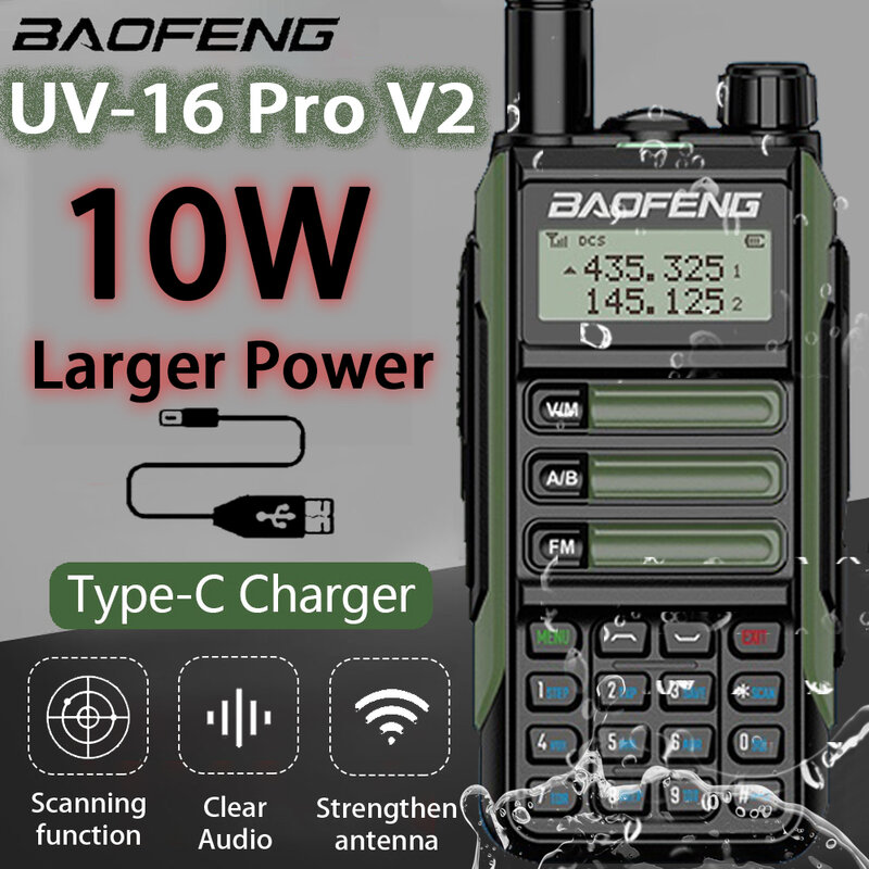BaoFeng UV-16 PRO 고출력 안테나 워키토키, C타입 충전기, 장거리 방수, UV16 트랜시버, 햄 투웨이 라디오, 2022