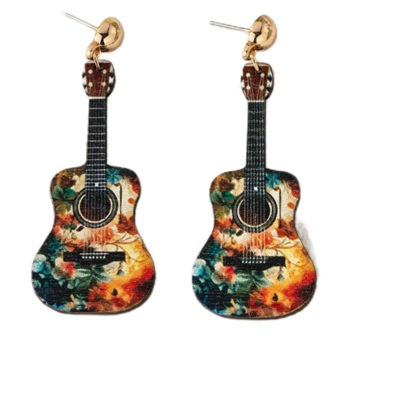 1 pair of guitar music festival wooden printed women's earrings