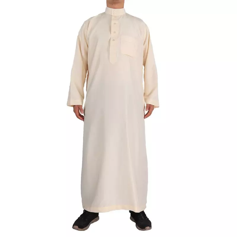 Muzułmanin mężczyźni Jubba Thobe z długim rękawem jednolity kolor miękkie oddychające szaty stanąć kołnierz islamski arabski Kaftan T-shirt dla Ramadan