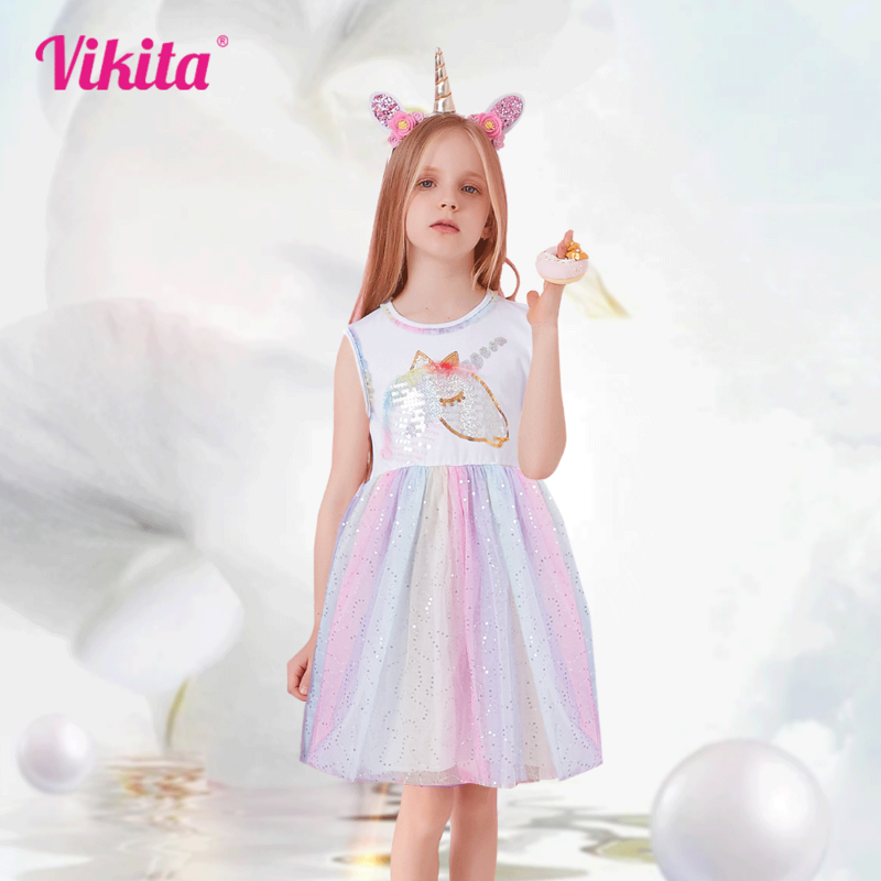 VIKITA Girls Butterfly Dresses costumi con paillettes per bambini bambini Flare Sleeve Vestidos Toddler Colorful Dress Girls Summer Clothing