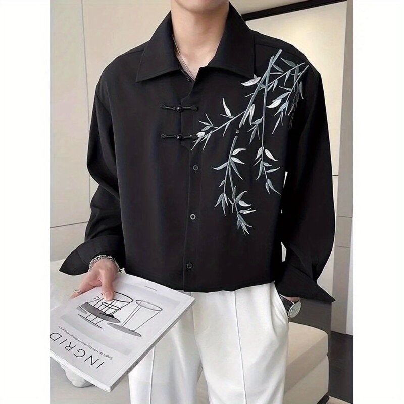 Chemise brodée à col rabattable imprimée à manches longues pour hommes, haut décontracté à la mode, style chinois, printemps et automne, nouveau, 2024