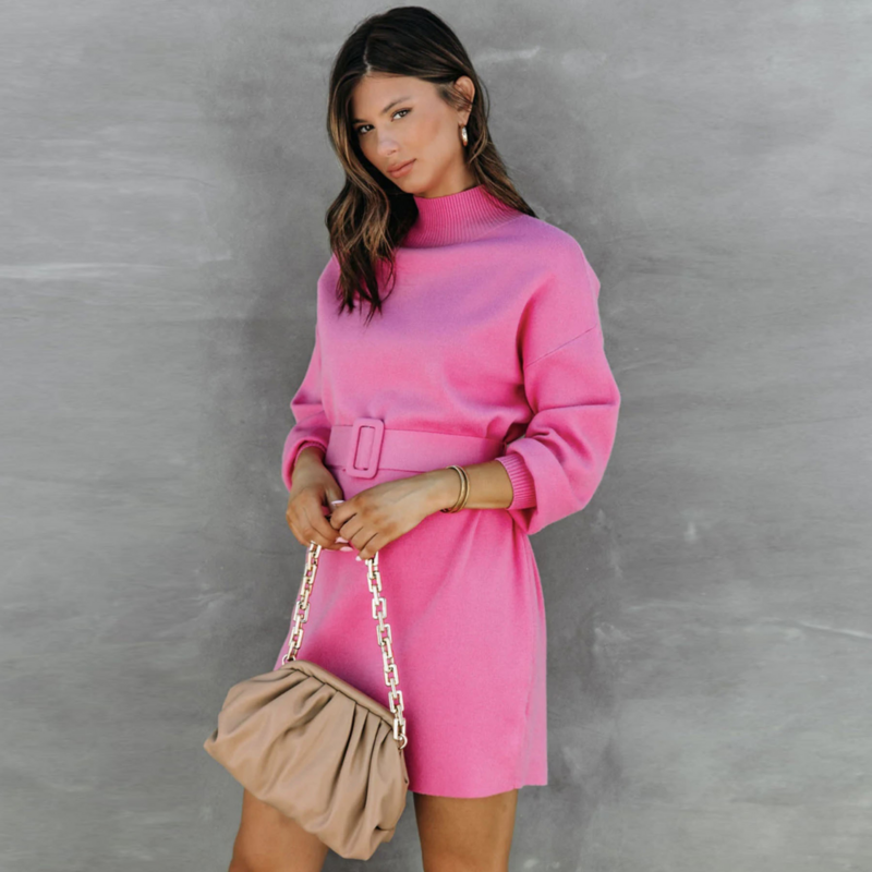Abito maglione dolcevita abito donna manica lunga lavorato a maglia invernale con cintura 2022 Lady elegante Mini abiti da festa di natale rosa