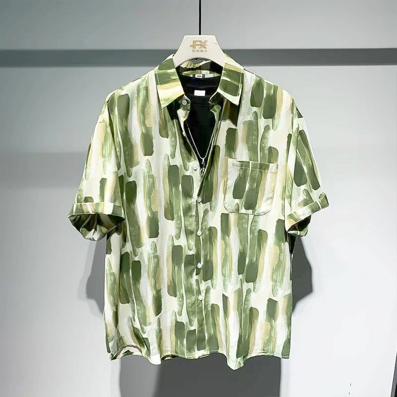 Zomer Nieuwe Polokraag Mode Korte Mouw Shirt Man High Street Losse Knoop Vest Casual Print All-Match Zakken Tops