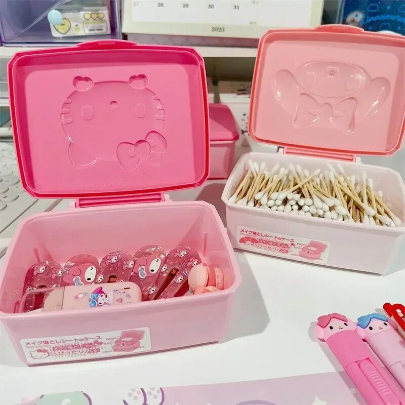 Kawaii Hello Kitty Storage Box Anime Sanrio My Melody Cute Girl Heart Tabletop Cotton fioc Cotton Cotton Jewelry Box Girl Gift