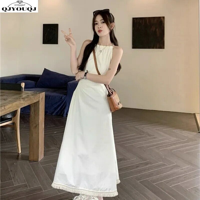 2024 Spring/Summer Korean Edition New Hanging Strap Dress Fashionable Hollow Out Design Waist Closing Slim Long Dress
