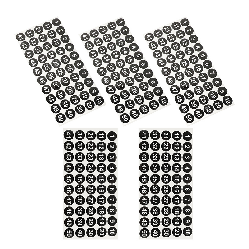 Etiquetas de números redondas, pegatinas impermeables, 1 a 50, multiusos, 5 hojas