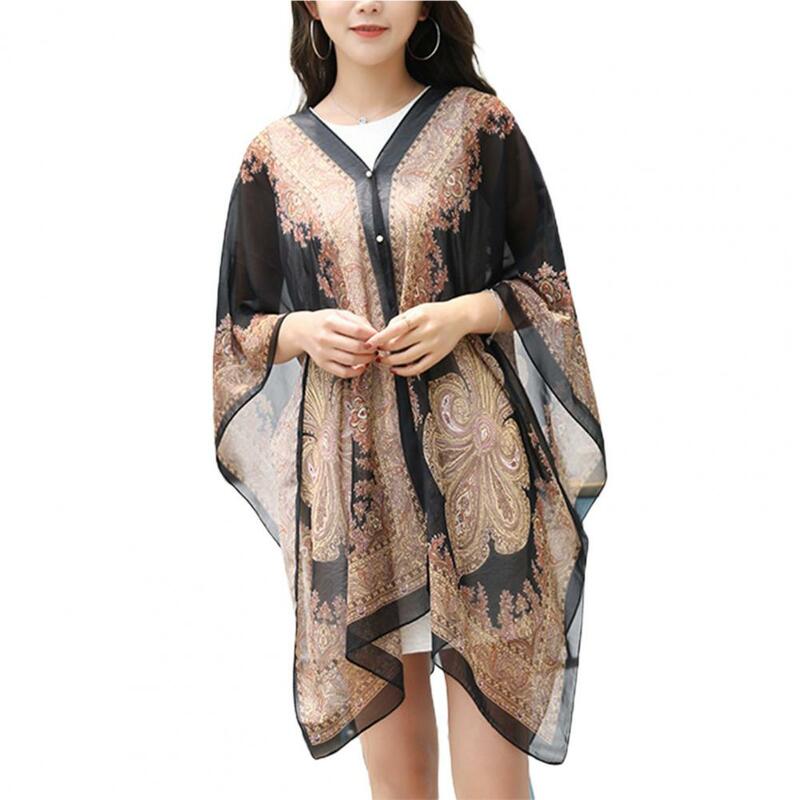 Летнее женское шифоновое кимоно с цветочным принтом, пляжный кардиган, прозрачная накидка, купальник, Длинная блузка, рубашки, женские топы