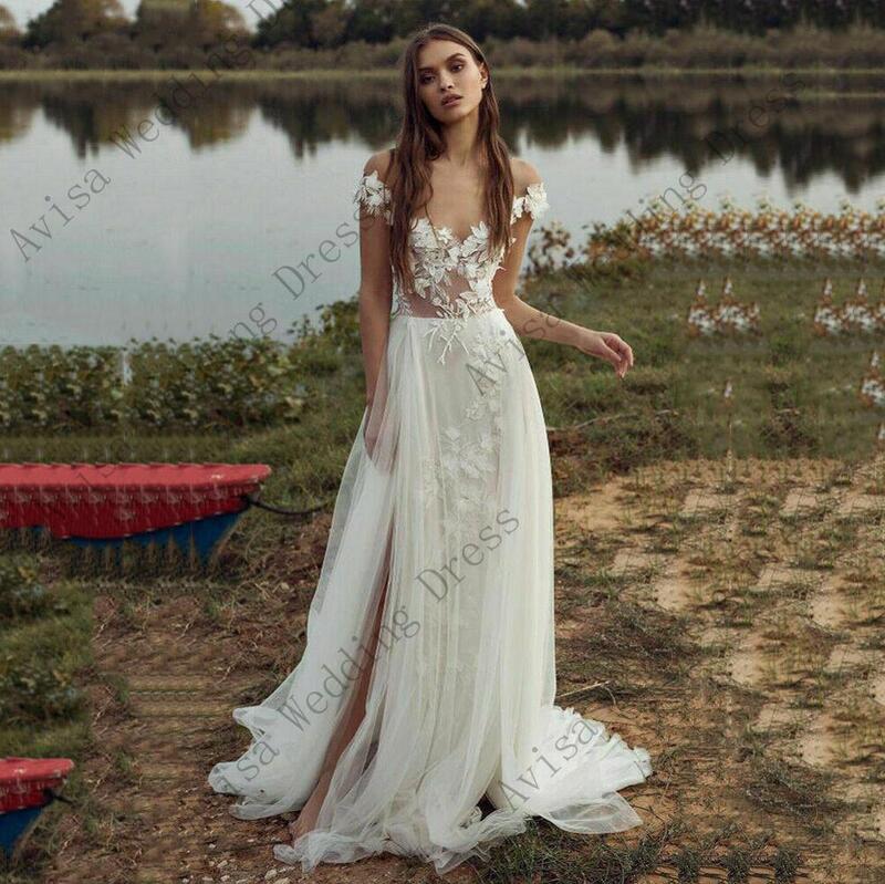 Boho Off The Shoulder Wedding Dress 3D Floral Lace Appliques Beach Bridal Dress Side Slit Garden Party Dresses Vestido De Noiva