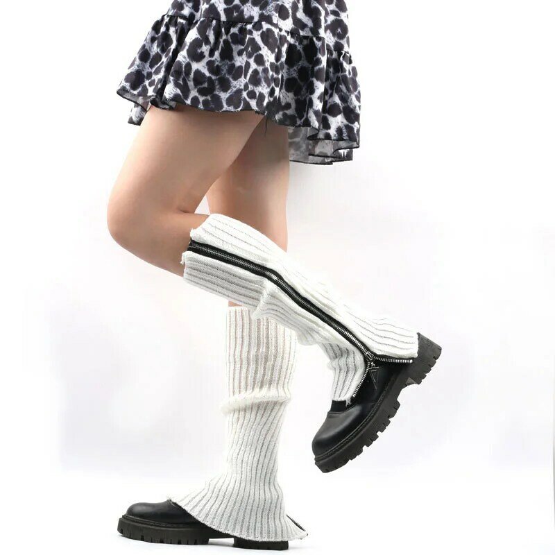 Zipper malha perna aquecedor para mulheres, meias bota, espessado, tampa do pé quente, meias Lolita, acessórios leggings, cor doce, inverno