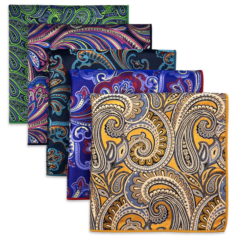 Assorted Square Pocket Square Silk Handkerchief Set, Colorido, Grandes Acessórios, Presente para Homens, Festa, 5 Pcs