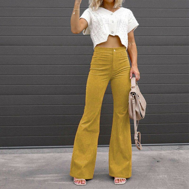 Corduroy Pants for Women Solid High Waist Flare Pants Casual Stretchy Straight Bell Bottom Trousers with Pockets Autumn Winter