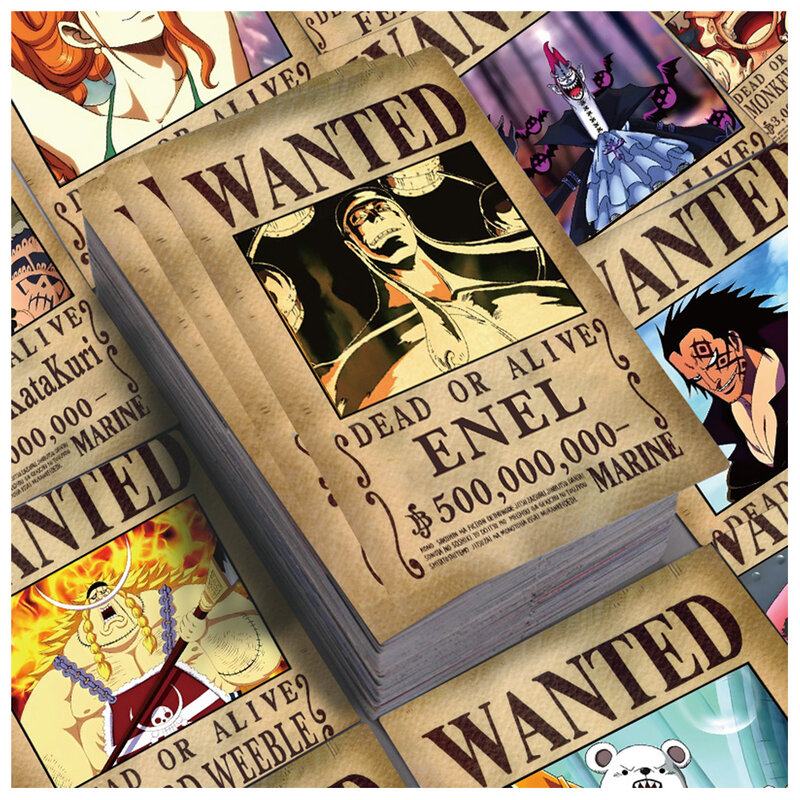 Anime dos desenhos animados One Piece Wanted cartazes adesivos, decalque impermeável, laptop, skate, caderno, mala, brinquedo do miúdo, 10 pcs, 30 pcs, 50pcs