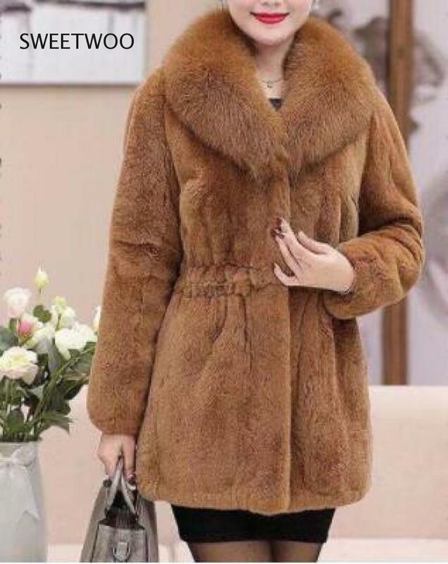 ผู้หญิงใหม่ Faux ของแท้กระต่ายเสื้อขนสัตว์ Fox Fur Collar สาวแฟชั่นเสื้อขนสัตว์ Outwear หด Slim 2022