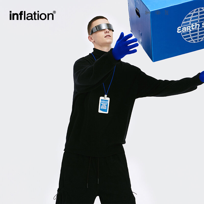 INFLATION-Jersey minimalista de cuello alto para hombre, jersey negro de gran tamaño con cuello vuelto