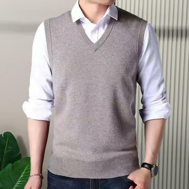 Chaleco de punto para hombre, suéter versátil de Color sólido con cuello en V, sin mangas, para primavera y otoño, informal